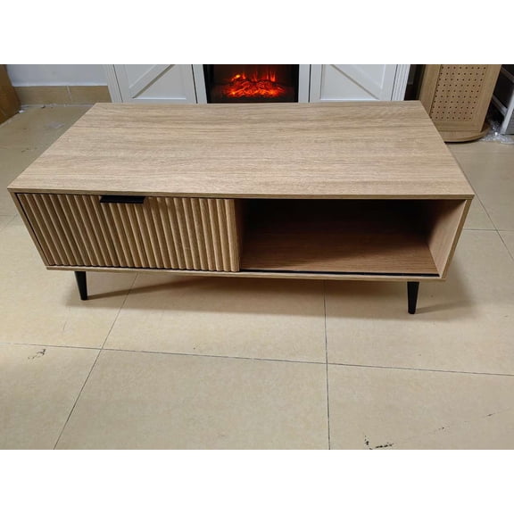2025 New Coffee Table, 2 Tier Farmhouse Coffee Desk with Sliding Wave Pattern Door and Storage, Modern Wooden Center Table for Living Room, Office, Outdoor