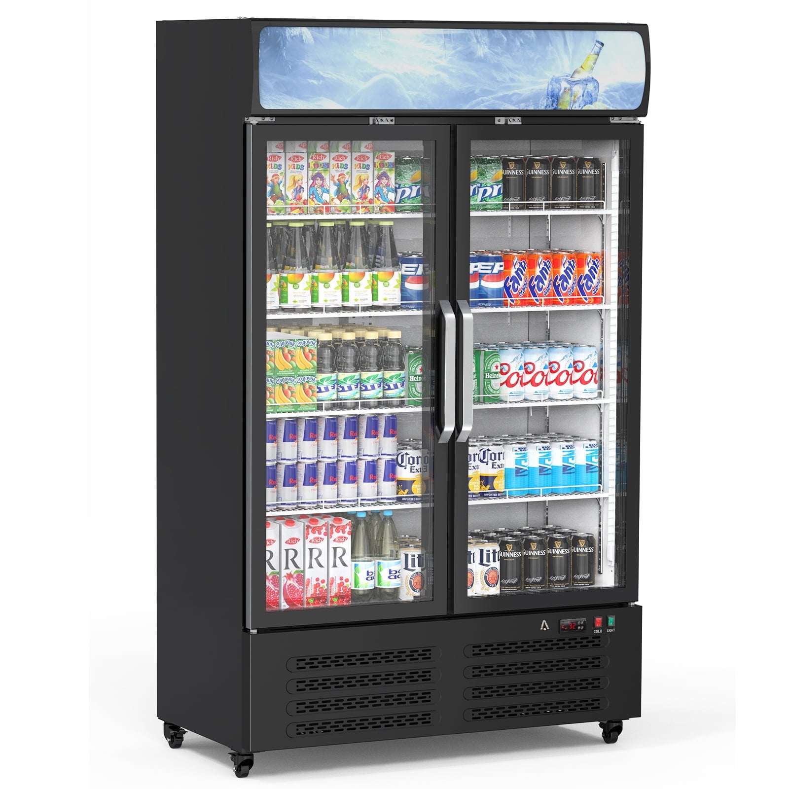 2025 New Commercial Refrigerators, 26 Cu.Ft. Upright Display Fridge, Beverage Cooler with LED Light, Adjustable Shelves, Glass Door Drink Refrigerator for Cafe, Grocery, Restaurant Use