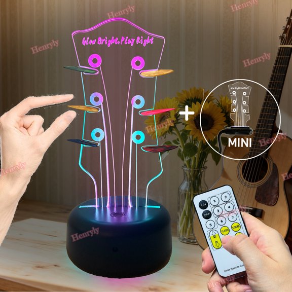 2025 New Creative Light Up Guitar Pick Holder,7 Colors Change Double-Mixed Color Acrylic Guitar Headstock Shaped Pick Holder Display with Remote - Smart Touch,, Dual Power,for Decor & Gifts