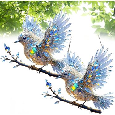 Crystal Sky Bluebird Stained Art Ornament (8 Inches) - Double-Sided Radiant Bird Design, Stained