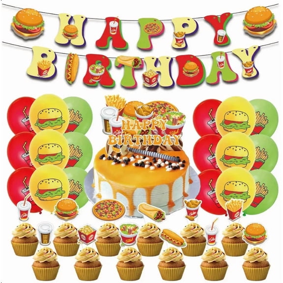 2025 New Cute Burger Fast Food Theme Birthday Decoration, Including Banners, Cake Toppers, Flags, and Balloons, Suitable for Birthday Parties and Carnival Parties