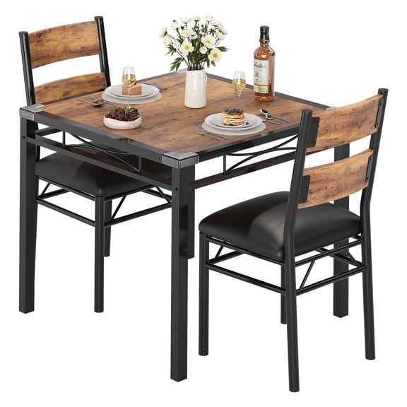 KTENME Dining Table Set for 2, Kitchen Table with 2 Upholstered Chairs, Wood 3-Piece Kitchen Dining Room Set with Corner Protector for Small Space, Apartment