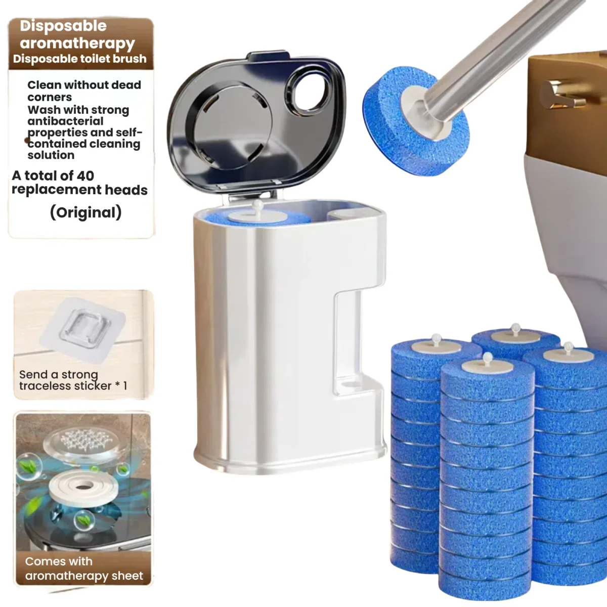 2025 New Disposable Wall Hung Toilet Brush Set with 40 Refills & Plunger, No Dead Corners Cleaning for RV Bathroom