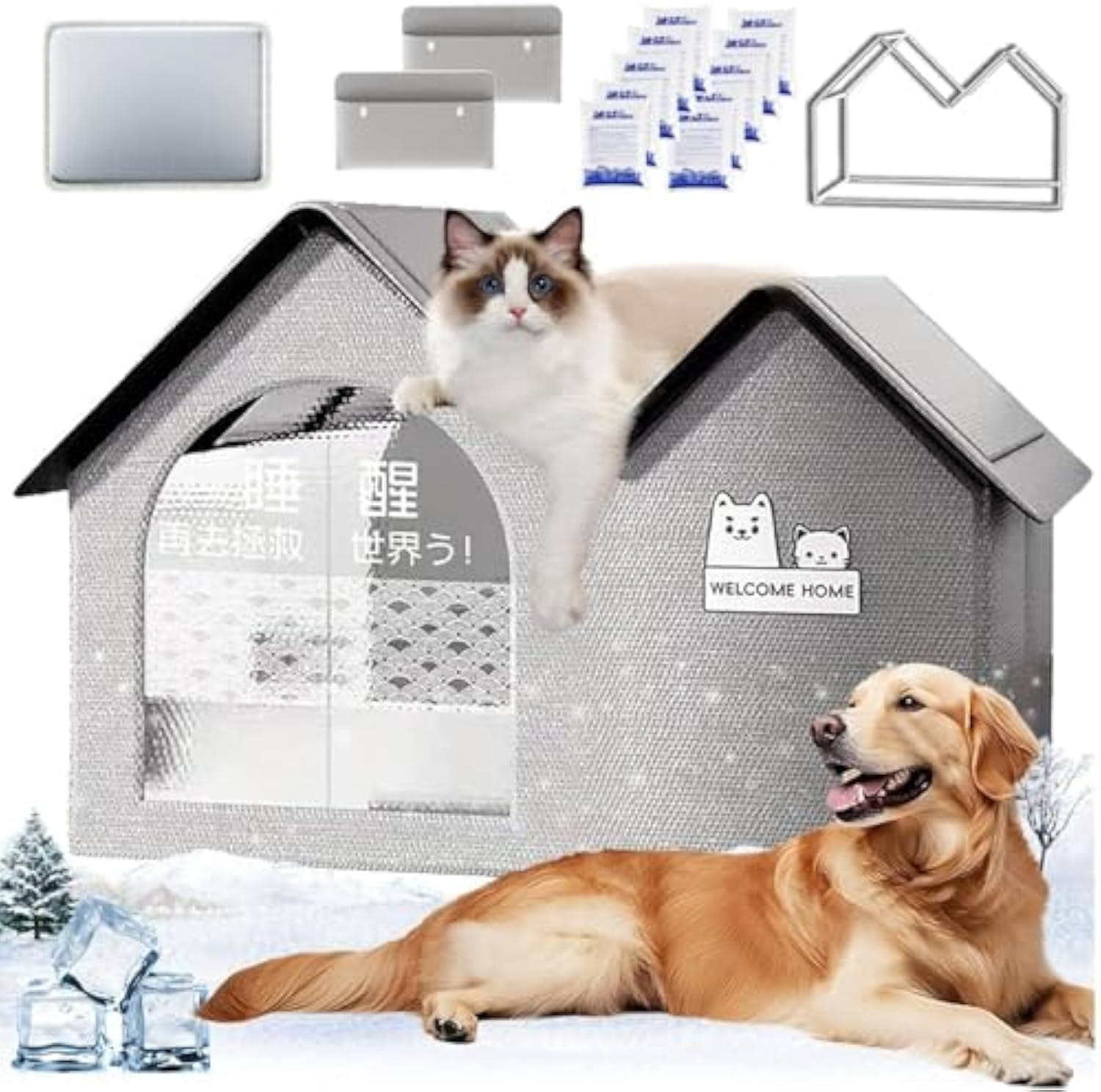2025 New Dog House with Ac, Icexeco Pet Air Conditioner House, Pet Cooling House, Cooling Dog Houses, Air Conditioner Cat House, Foldable, with Air Conditioning 10 Ice Packs for Pets (Grey, M)