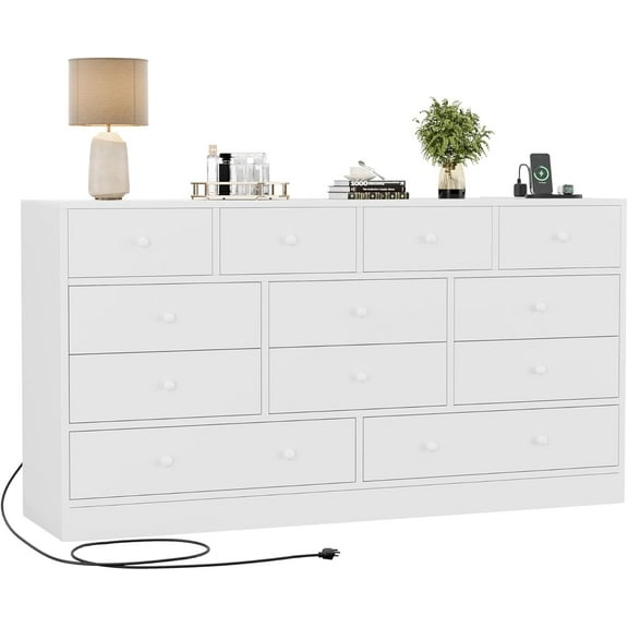 2025 New Dresser for Bedroom,12 Drawer Dressers & Chests of Drawers, Wood Storage Drawer Dresser with Power Outlet, 61 Inch