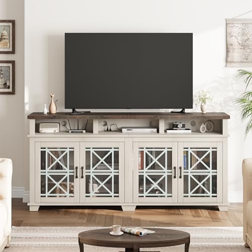 2025 New Farmhouse TV Stand for 80 inch, Mid Century Modern Entertainment Center with LED Lights and Storage, for Living Room Bedroom
