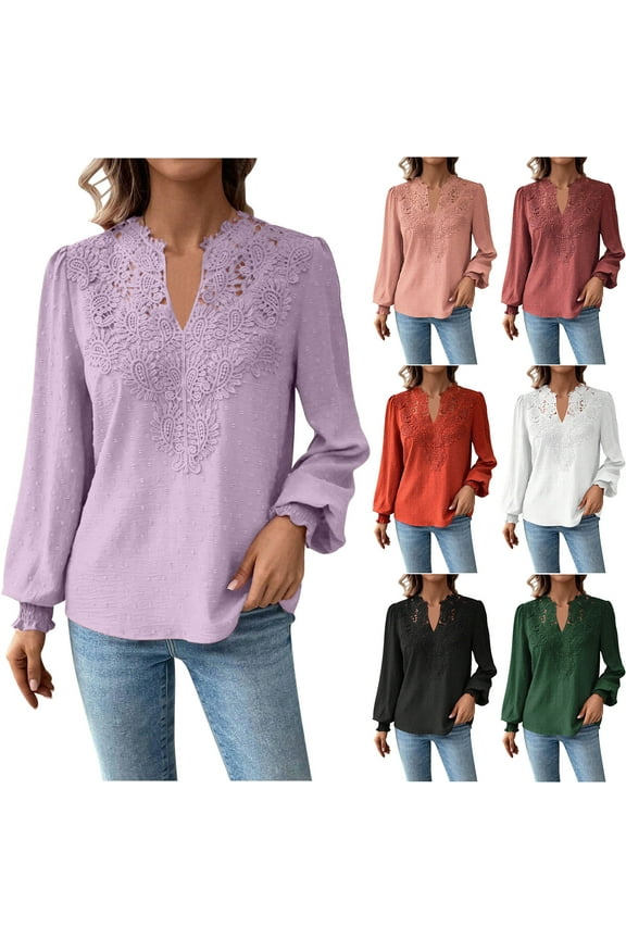 2025 New Fashion Plus Size Ladies Fall And Winter New Fashion V-neck Lace Solid Color Long-sleeved Casual Tops Long-sleeved V-neck Tops/shirts