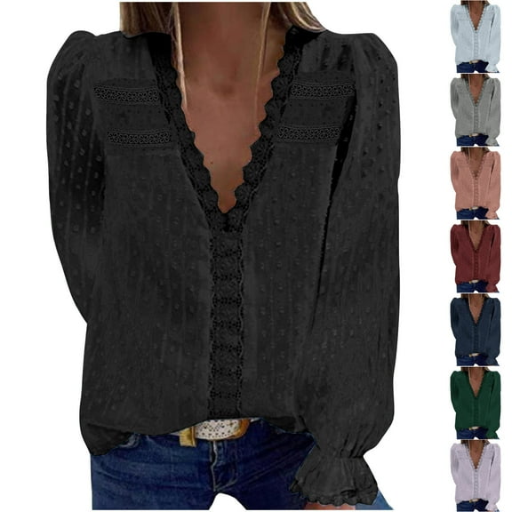 2025 New Fashion Plus Size Ladies' Fashionable Solid Color ChiffonV-neck Flared Long Sleeved Shirt