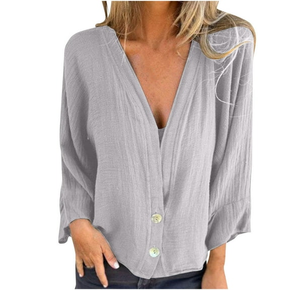 2025 New Fashion Plus Size Women's Casual Loose Solid Button Up T-shirt Long Sleeved V-neck Top/shirt