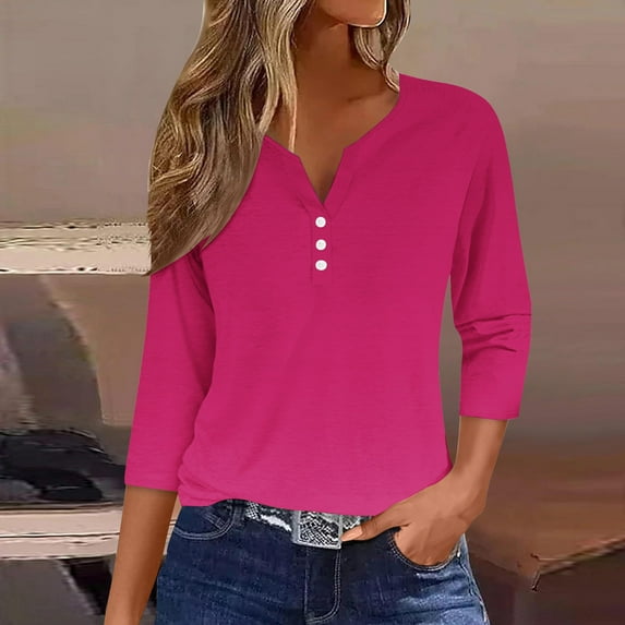 2025 New Fashion Plus Size Women's Fashion Casual Solid T-shirt 3/4 Sleeves Buttons Blouse V-Neck Casual Tops
