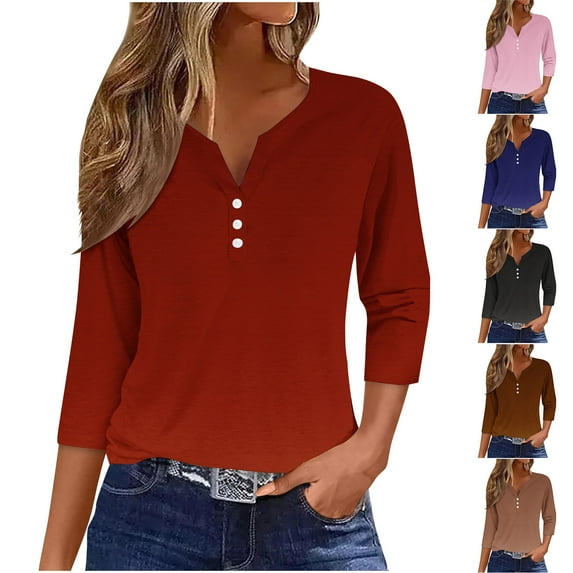 2025 New Fashion Plus Size Women's Fashion Casual Solid T-shirt 3/4 Sleeves Buttons Blouse V-Neck Casual Tops