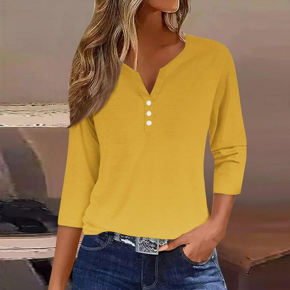 2025 New Fashion Plus Size Women's Fashion Casual Solid T-shirt 3/4 Sleeves Buttons Blouse V-Neck Casual Tops