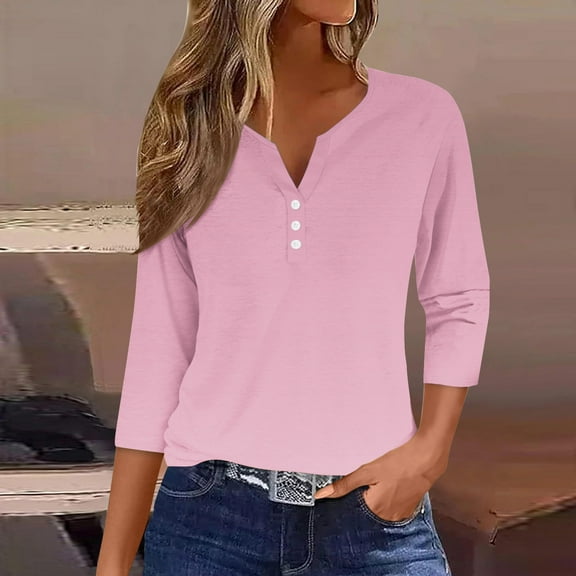 2025 New Fashion Plus Size Women's Fashion Casual Solid T-shirt 3/4 Sleeves Buttons Blouse V-Neck Casual Tops