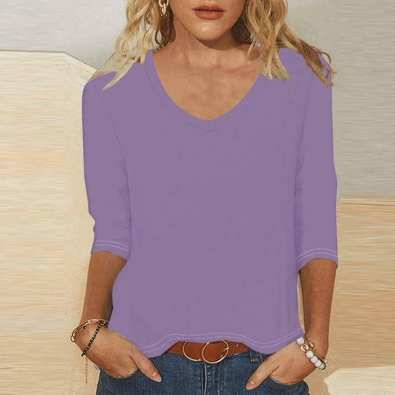 2025 New Fashion Plus Size Women's Fashion Solid Tees Casual Crewneck 3/4 Sleeve Loose T-Shirt Ladies Tops Blouses Shirts