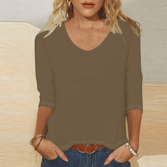 2025 New Fashion Plus Size Women's Fashion Solid Tees Casual Crewneck 3/4 Sleeve Loose T-Shirt Ladies Tops Blouses Shirts