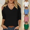 thumbnail image 1 of 2025 New Fashion Plus Size Women's Fashionable Solid Color T-shirt 3/4 Sleeve Shirt V-neck Casual Top, 1 of 7