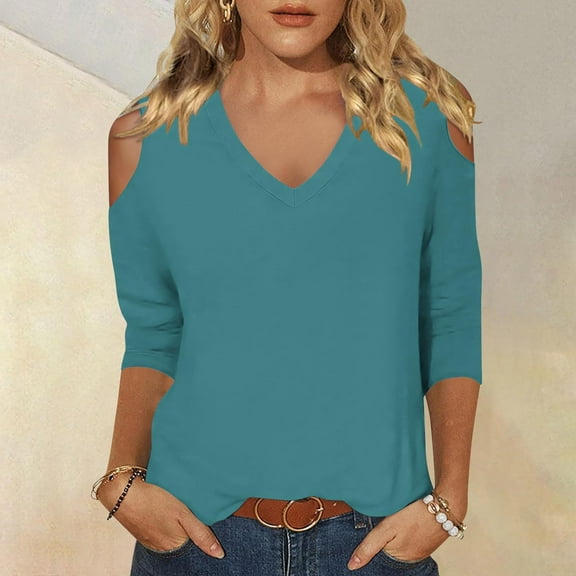 2025 New Fashion Plus Size Women's Fashionable Solid Color T-shirt 3/4 Sleeve Shirt V-neck Casual Top