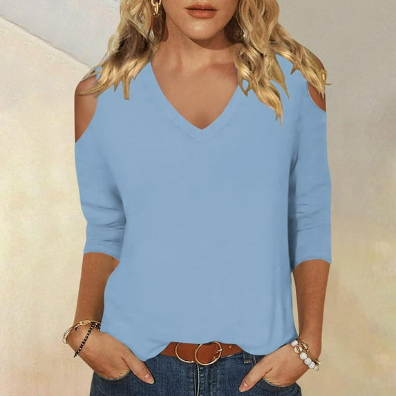 2025 New Fashion Plus Size Women's Fashionable Solid Color T-shirt 3/4 Sleeve Shirt V-neck Casual Top
