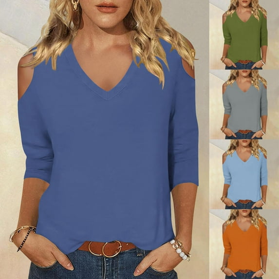 2025 New Fashion Plus Size Women's Fashionable Solid Color T-shirt 3/4 Sleeve Shirt V-neck Casual Top