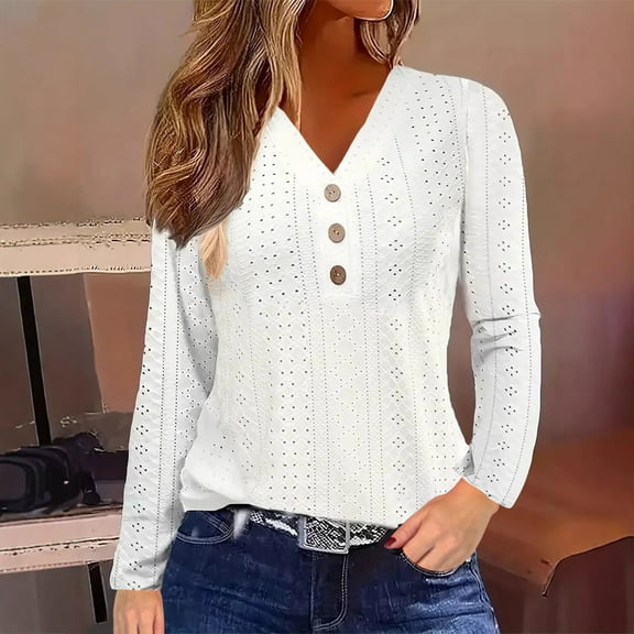 2025 New Fashion Plus Size Women's Loose Casual Solid Color V-neck Button Long Sleeved Top