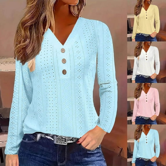 2025 New Fashion Plus Size Women's Loose Casual Solid Color V-neck Button Long Sleeved Top