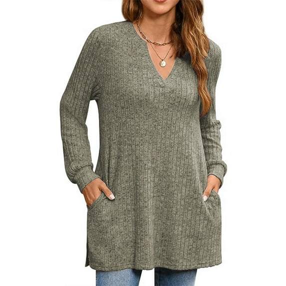2025 New Fashion Plus Size Women's Loose Casual Solid V-neck Side Slit With Pockets Long Sleeved Top