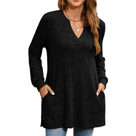 2025 New Fashion Plus Size Women's Loose Casual Solid V-neck Side Slit With Pockets Long Sleeved Top