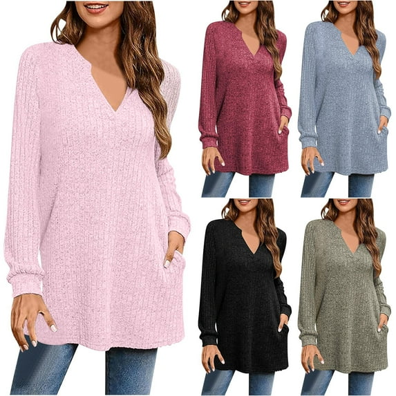 2025 New Fashion Plus Size Women's Loose Casual Solid V-neck Side Slit With Pockets Long Sleeved Top