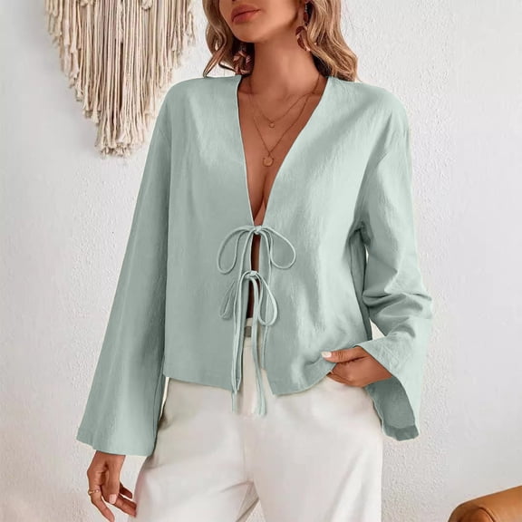 2025 New Fashion Plus Size Women's New Solid Color V-neck Flared Sleeve Long Sleeved Top Casual Loose Strap Hollow Out Shirt