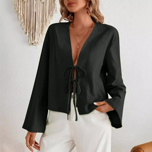 2025 New Fashion Plus Size Women's New Solid Color V-neck Flared Sleeve Long Sleeved Top Casual Loose Strap Hollow Out Shirt