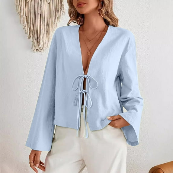 2025 New Fashion Plus Size Women's New Solid Color V-neck Flared Sleeve Long Sleeved Top Casual Loose Strap Hollow Out Shirt