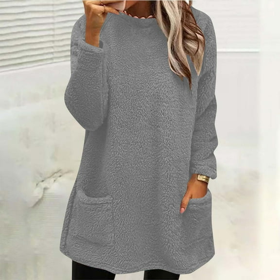 2025 New Fashion Plus Size Women's Round- Neck And Winter Loose Solid Pocket Warm Long Sleeve Blouse Tops