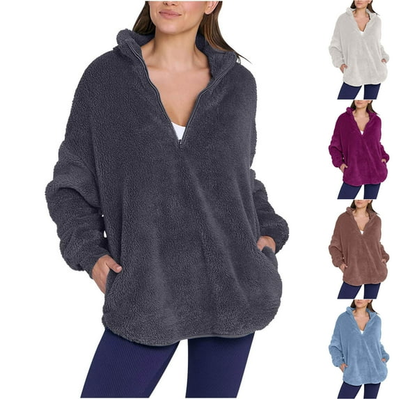 2025 New Fashion Plus Size Women's Round- Neck And Winter Loose Solid Pocket Warm Long Sleeve Blouse Tops