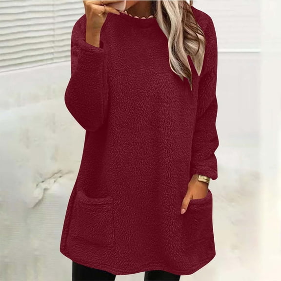 2025 New Fashion Plus Size Women's Round- Neck And Winter Loose Solid Pocket Warm Long Sleeve Blouse Tops