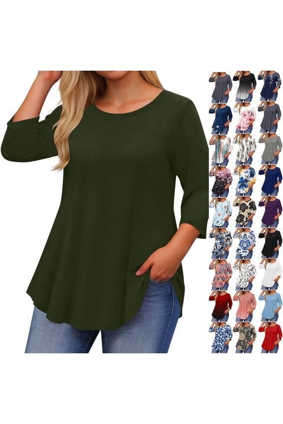 2025 New Fashion Plus Size Women's Solid Casual 3/4 Sleeve T-Shirts Loose Round Neck Cute Tunic Tops Basic Tees Blouses