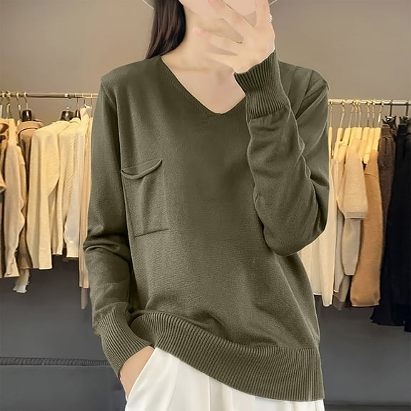 2025 New Fashion Plus Size Women's Solid Color Long Sleeved V-neck Knitted Shirt With A Stripe Top