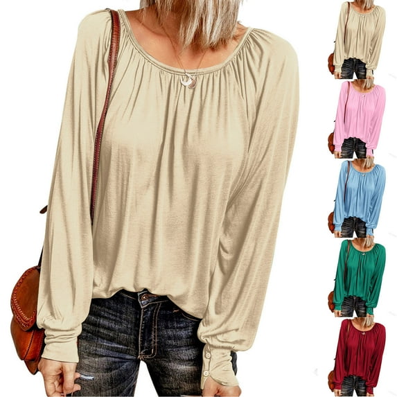 2025 New Fashion Plus Size Womens Casual Long Sleeved Round Neck Solid Color Top T-shirt