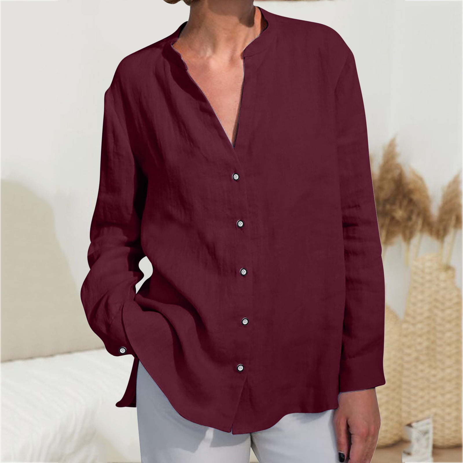 2025 New Fashion Plus Size Womens Solid Color Vneck Loose Button