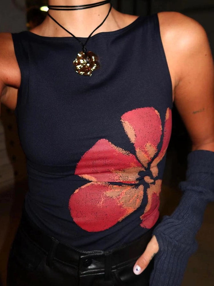 2025 New Fashion Women's Crop Tank Tops Fitted Flower Print Boat Neck ...