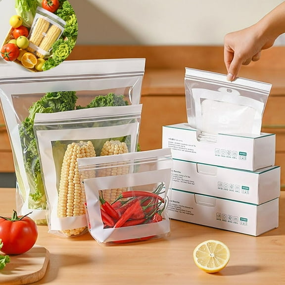 2025 New Food Grade Fresh-Keeping Bags, Food Storage Bags, Double Seal Reusable Produce Bags, Easy Open Clear Plastic Bag for Food, Fruit, Vegetables, Refrigerator Storage, Kitchen (Large (15PCS))