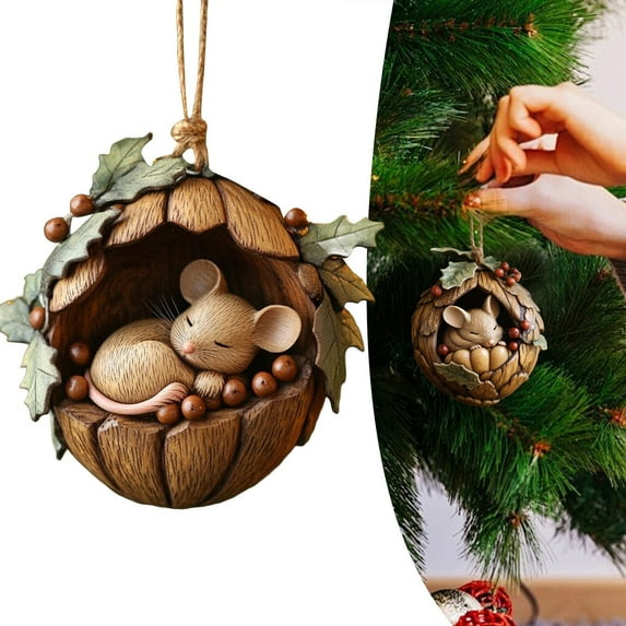 2025 New Forest Animal Acorn Ornament, Cute Sleeping Mouse Christmas Hanging Decorations, Acrylic Mouse Ornaments for Christmas Tree, Personalized Christmas Ornament Gift Ideas