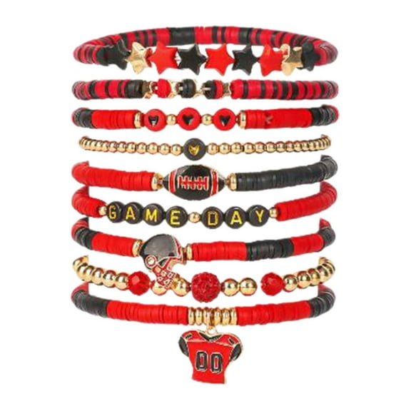 2025 New Game Day Bracelets Set for Women Men Football Bracelets Stack Beaded Stretch Red Black Blue Clay Beaded Stretch Bracelets Stackable Sports Charm Bracelet Jewelry Accessories