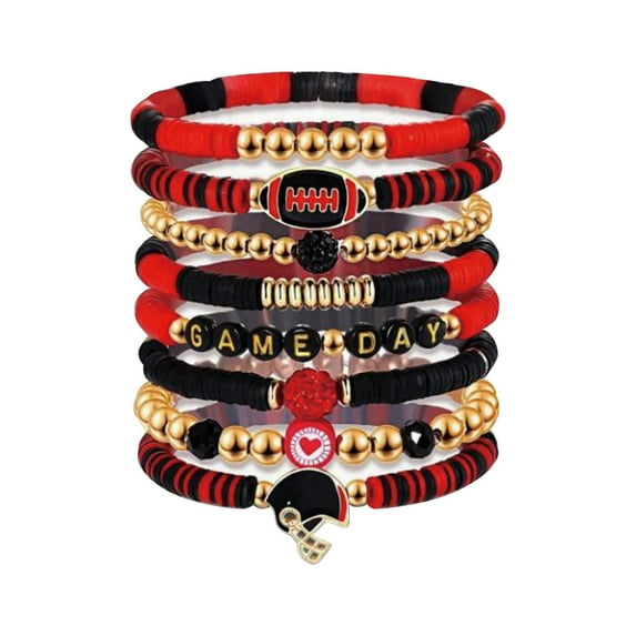 2025 New Game Day Bracelets for Women - Red, Black, Blue Beaded Stretch Bracelets - Stackable Sports Charm Bracelet Bangles - Football Mom Accessories & Outfits Jewelry Gifts