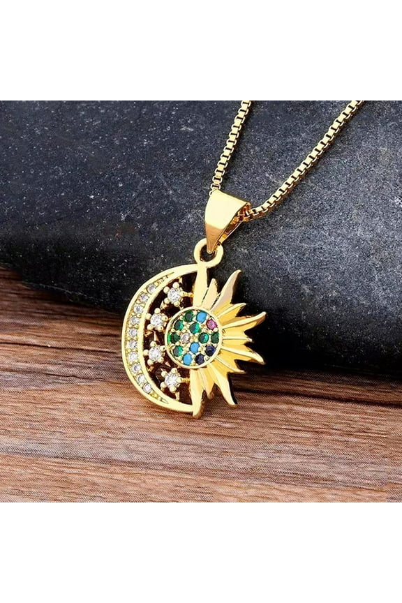 2025 New Gold Pendant Necklace for Women,14K Gold Plated Cubic Zirconia Sun and Moon Necklace Cute Minimalist Diamond Gemstone Turquoise Chain Choker Sunflower Necklace Jewelry Gifts for Women