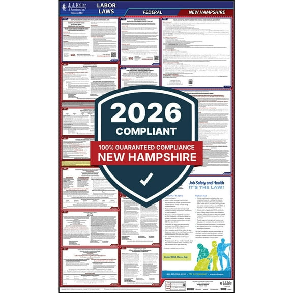 2025 New Hampshire Labor Law Poster, All-in-One Compliant NH State & Federal Laminated Poster (24" x 40" English)