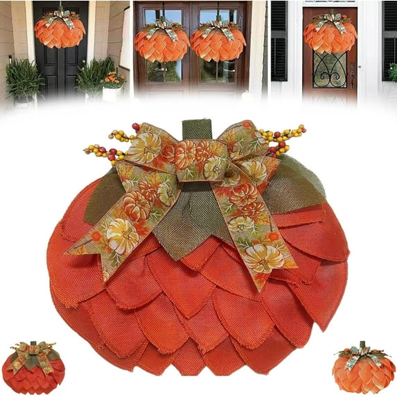 2025 New Handmade Fall Pumpkin Wreath, 2 Styles Farmhouse Pumpkin Wreath for Front Door with Bows and Berries, Halloween Autumn Wreaths for Halloween and Thanksgiving Decor