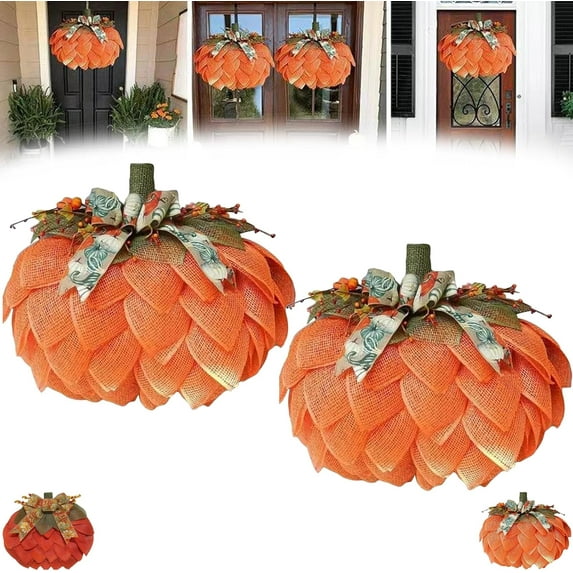 2025 New Handmade Fall Pumpkin Wreath, 2 Styles Farmhouse Pumpkin Wreath for Front Door with Bows and Berries, Halloween Autumn Wreaths for Halloween and Thanksgiving Decor