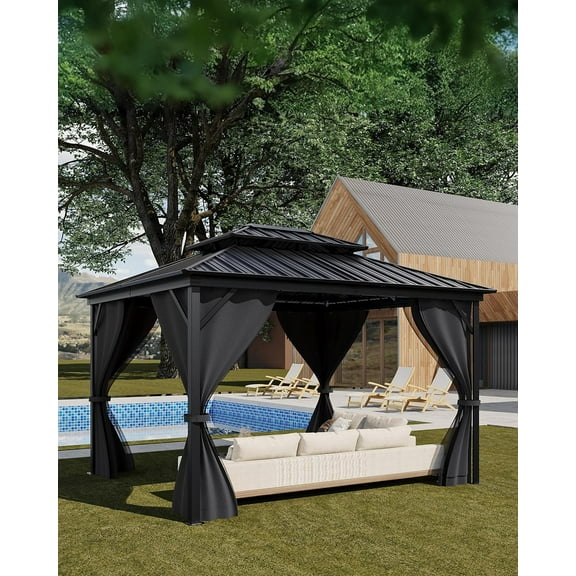 2025 New Hardtop Gazebo 12'x14' for All Weather, with Double Metal Roof, Aluminum Alloy Frame, Net, and Curtain, Permanent Building for Patio, Deck, Backyard, Lawn, and Garden