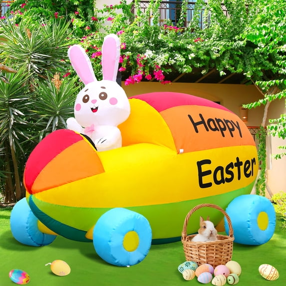 2025 New Huge Easter Inflatable Bunny Driving Car Outdoor Decorations, Build-in LED Lights Holiday Blow Up Yard Decoration, for Easter Holiday Party, Outdoor,Garden, Yard Lawn Décor