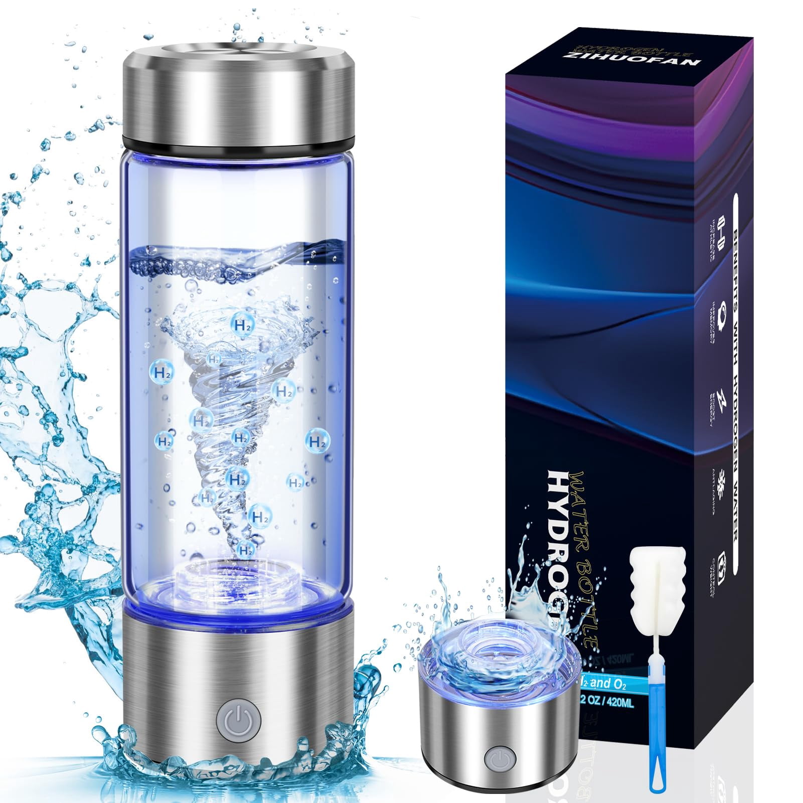 Hydrohealth Portable Hydrogen Water Bottle - SPE PEM Tech, 4100 PPB In 3 Min, Rechargeable Glass Bottle